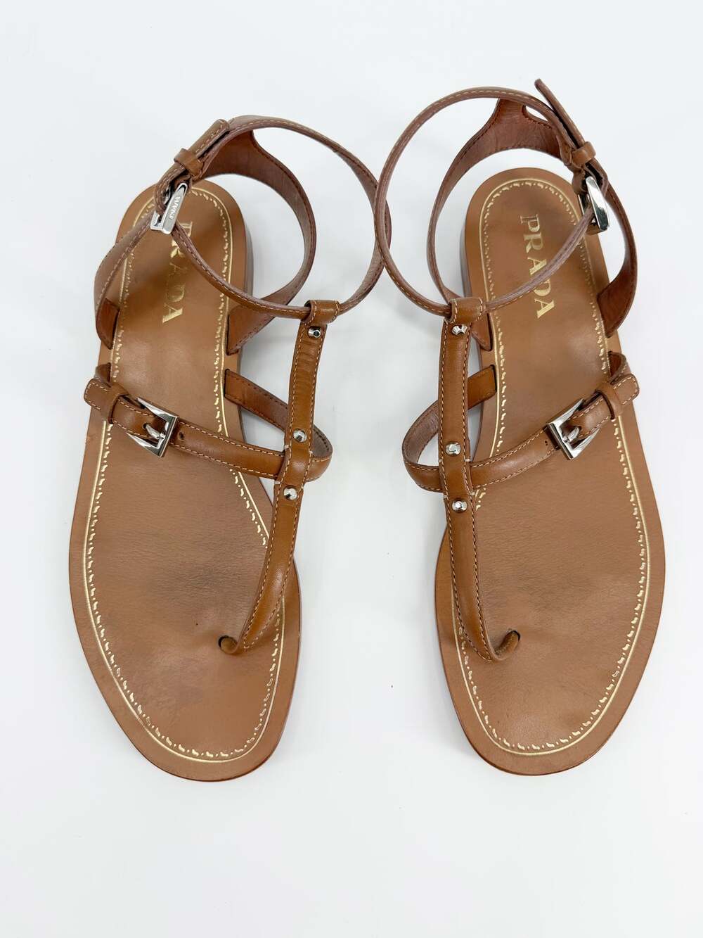 Prada Leather Sandals Tan Patent Studded T-Strap Flat Sandals Womens Size 40
